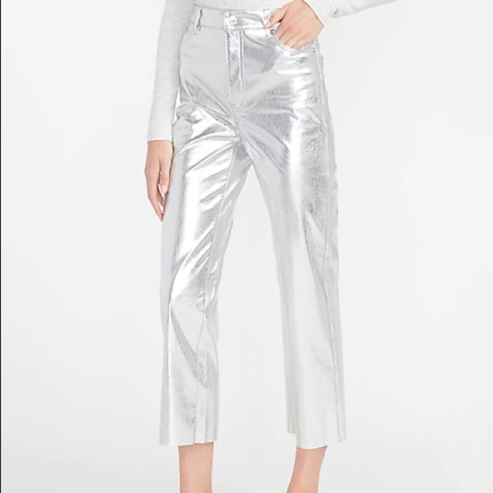 xpress Super High Waisted Silver Faux Leather Cropped Straight Pant